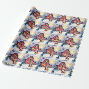 Watercolor Border Collie Country Barn Christmas Wrapping Paper