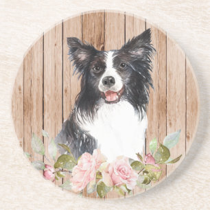 Watercolor Border Collie & Flowers  Coaster