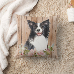 Watercolor Border Collie & Flowers  Cushion