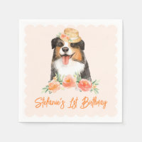 Watercolor Border Collie Peach Flowers Birthday