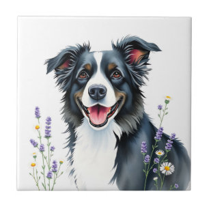 Watercolor Border Collie with Lavender and Daisies Tile