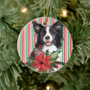 Watercolor Border Collie With Poinsettia Ceramic Tree Decoration