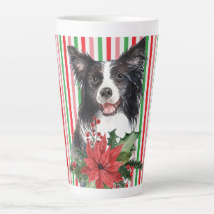 Watercolor Border Collie With Poinsettia  Latte Mug