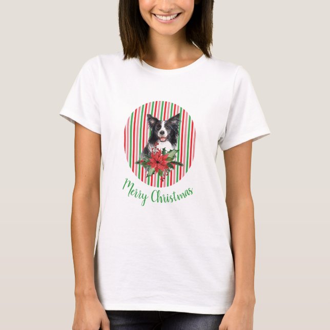 Watercolor Border Collie With Poinsettia  T-Shirt (Front)