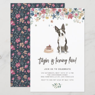 Watercolor Boston Terrier Dog Birthday Invitation
