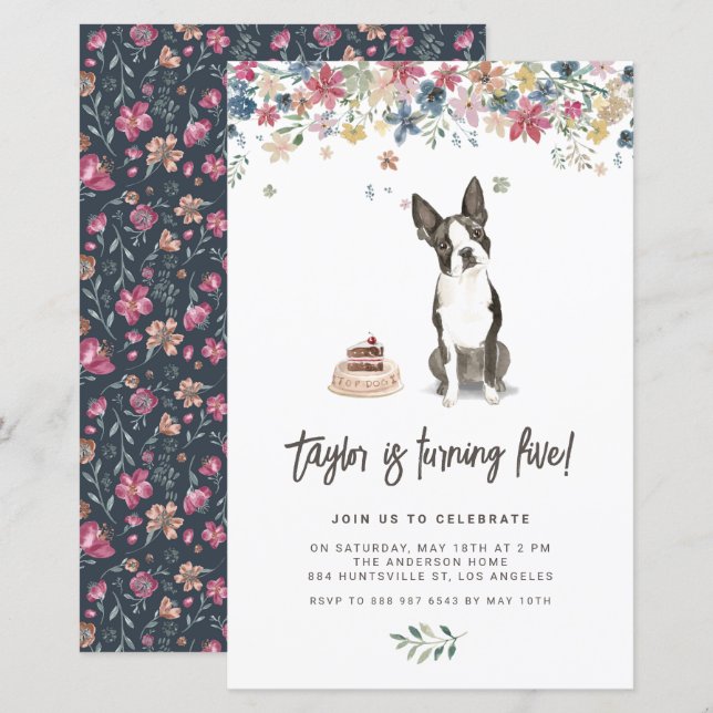 Watercolor Boston Terrier Dog Birthday Invitation (Front/Back)