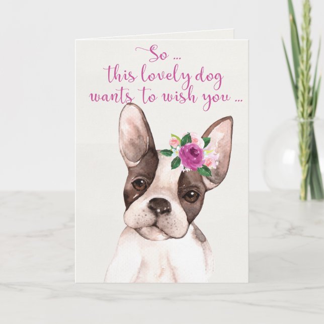 Watercolor Boston Terrier Dog Happy Birthday Card (Front)