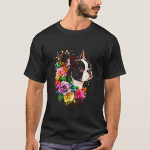 Watercolor Boston Terrier with flowers Bostie 16 T-Shirt