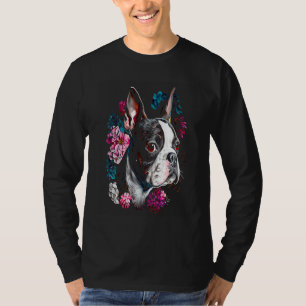 Watercolor Boston Terrier with flowers Bostie 17 T-Shirt