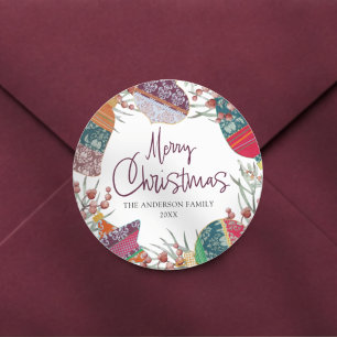 Watercolor Botancial Merry Christmas  Classic Round Sticker