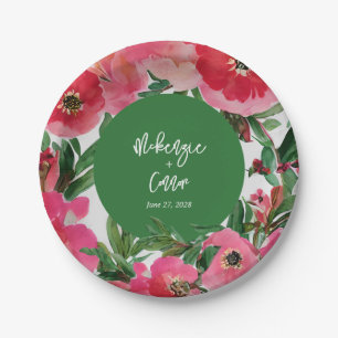 Watercolor Botanical Anemone Floral Green Wedding Paper Plate