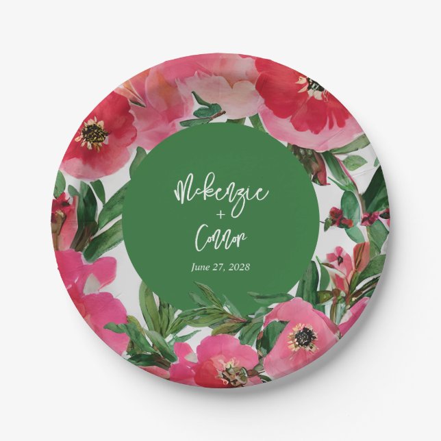 Watercolor Botanical Anemone Floral Green Wedding Paper Plate (Front)