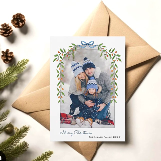 Watercolor Botanical Arch Frame Photo Christmas Holiday Card (Creator Uploaded)