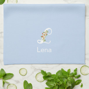 Watercolor botanical beige initial monogram blue tea towel
