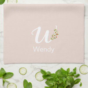 Watercolor botanical beige initial monogram tea towel