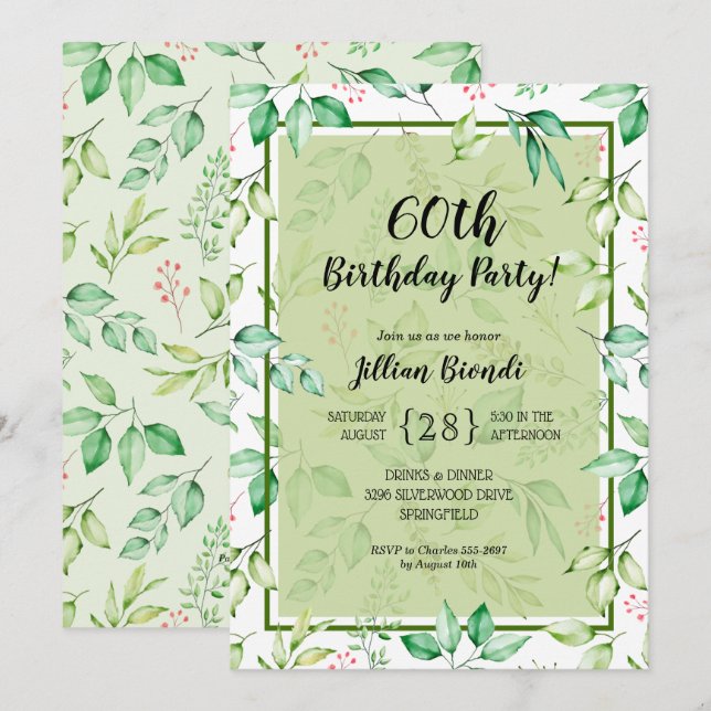 Watercolor Botanical Birthday Party Invitations (Front/Back)