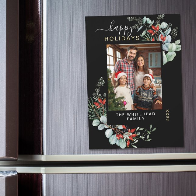 Watercolor Botanical Black Holiday Magnet Card (You will love these beautiful Christmas cards! They feature botanical watercolor pine and berries.)