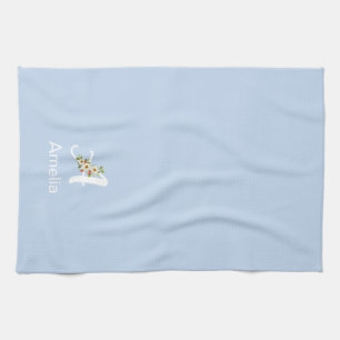 Watercolor botanical black initial monogram blue tea towel