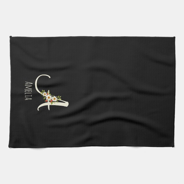 Watercolor botanical black initial monogram tea towel (Horizontal)