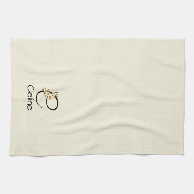 Watercolor botanical black initial monogram tea towel (Horizontal)