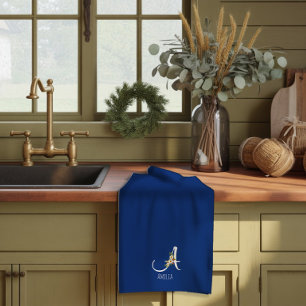 Watercolor botanical blue initial monogram tea towel