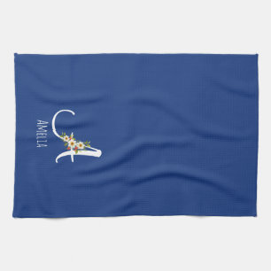 Watercolor botanical blue initial monogram tea towel