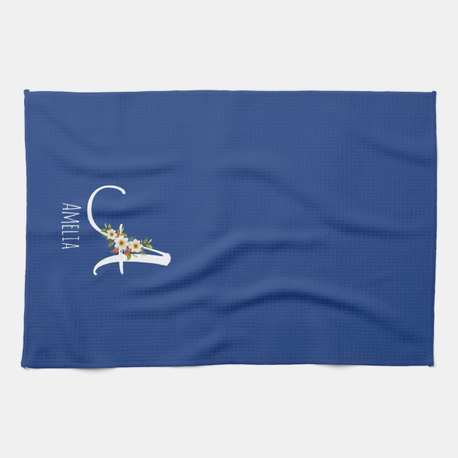 Watercolor botanical blue initial monogram tea towel (Horizontal)