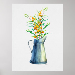 Watercolor Botanical Blue Yellow Vase Poster