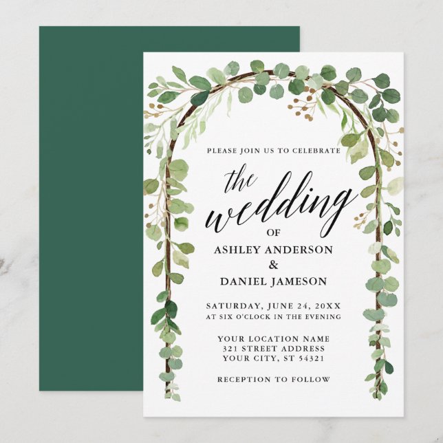 Watercolor Botanical Calligraphy Wood Arch Wedding Invitation (Front/Back)