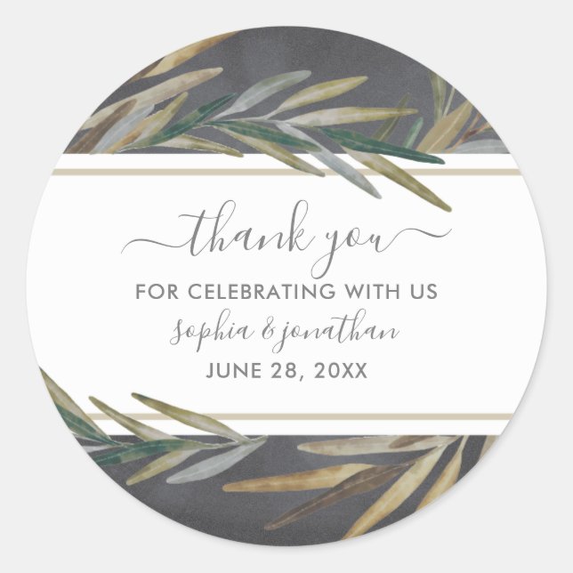 Watercolor Botanical Chalkboard Wedding Thank You Classic Round Sticker (Front)