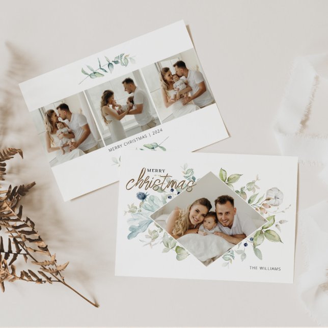 Watercolor Botanical Christmas 4 Photo Holiday Card (Creator Uploaded)