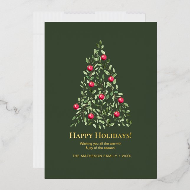 Watercolor Botanical Christmas Tree Family Gold Foil Holiday Card (Envelope)