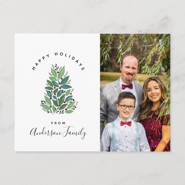 Watercolor Botanical Christmas Tree Photo Greeting Postcard (Front)
