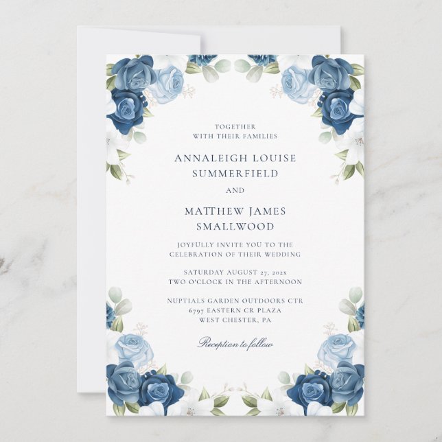 Watercolor Botanical Dusty Blue Floral Wedding Invitation (Front)