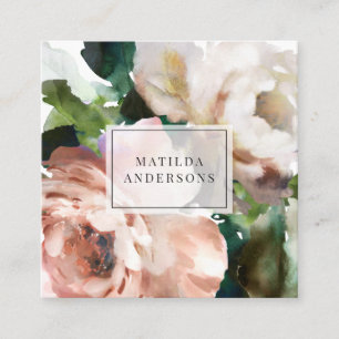 Watercolor botanical elegant floral and foliage square business card