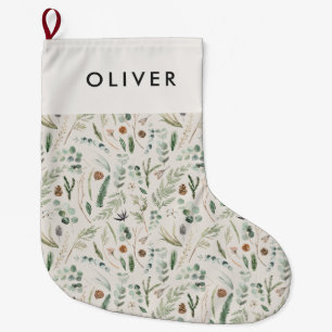Watercolor botanical elegant modern family gift large christmas stocking
