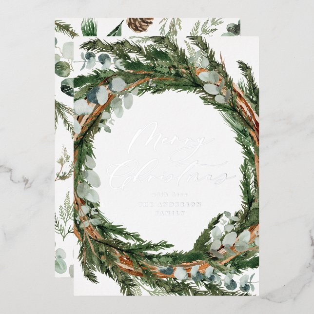 Watercolor botanical elegant script Christmas Foil Holiday Card (Front/Back)