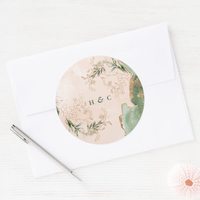 Watercolor Botanical Eucalyptus Elegant Monogram Classic Round Sticker (Envelope)