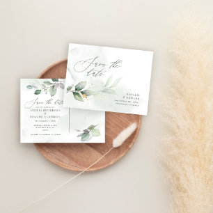 Watercolor botanical eucalyptus gold wedding  announcement postcard
