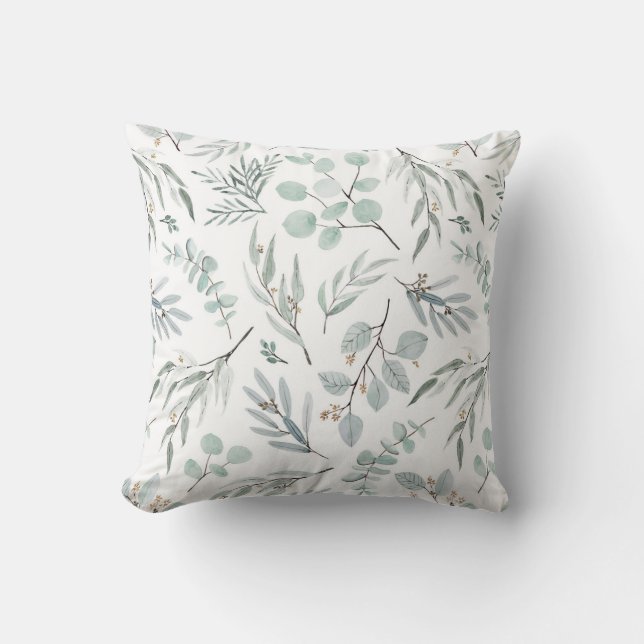 Watercolor Botanical Eucalyptus Leaves Leafy Green Cushion (Front)