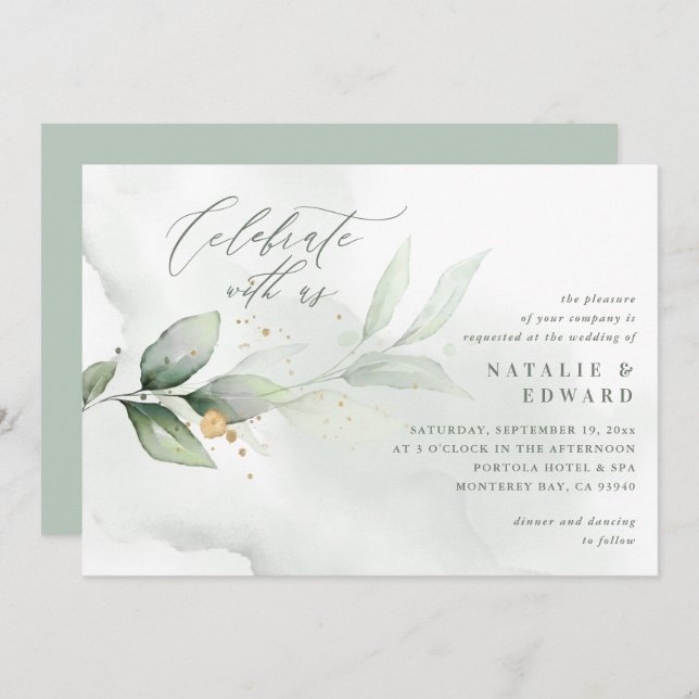 Watercolor botanical eucalyptus sage green wedding (Front/Back)