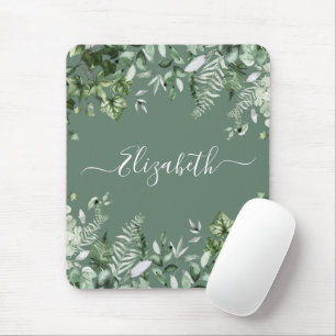 Watercolor Botanical Ferns Ivy Sage Green Mouse Mat