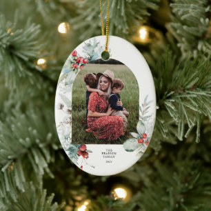Watercolor Botanical Floral Arch Photo Christmas Ceramic Tree Decoration