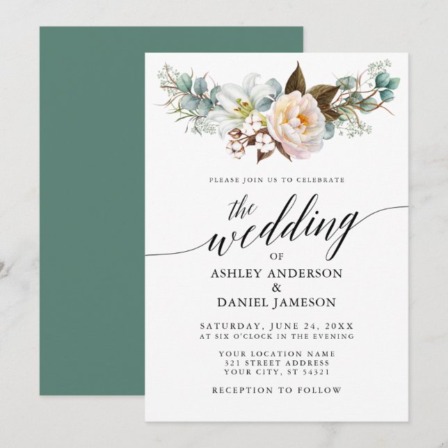 Watercolor Botanical Floral Calligraphy Wedding Invitation (Front/Back)