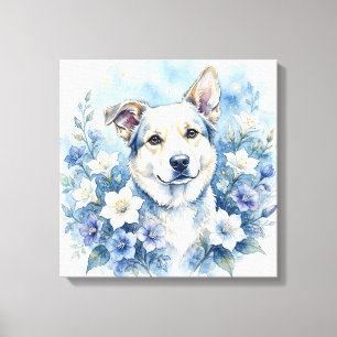 Watercolor Botanical Floral Dog Portrait Canvas Print