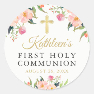 Watercolor Botanical Floral First Holy Communion Classic Round Sticker