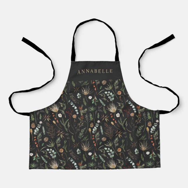 Watercolor botanical floral moody black modern apr apron (Front)