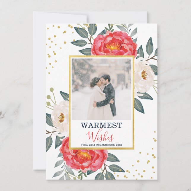 Watercolor Botanical Floral / Red, White & Gold Holiday Card (Front)