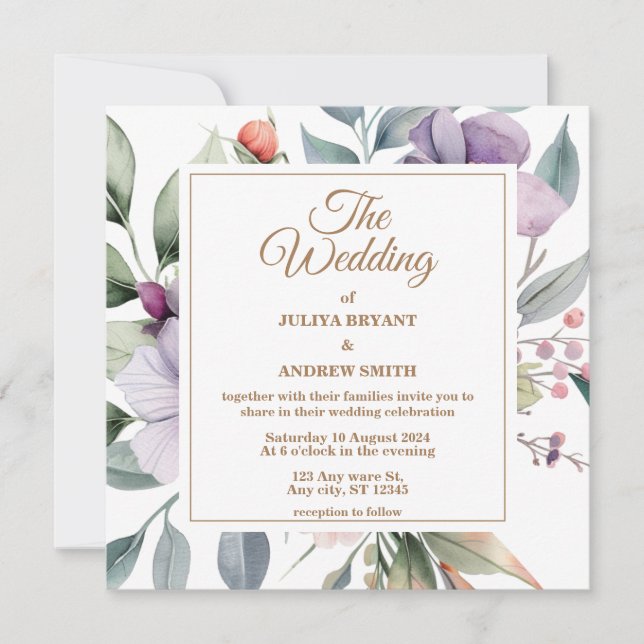 Watercolor botanical floral Wedding  invitation (Front)