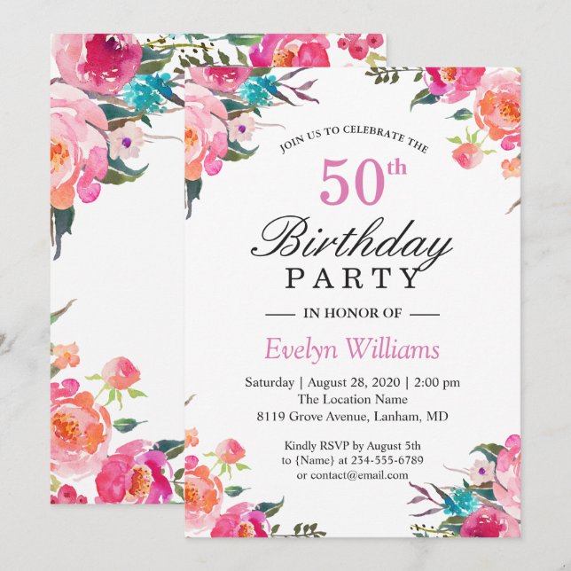Watercolor Botanical Floral Wreath Birthday Party Invitation (Front/Back)